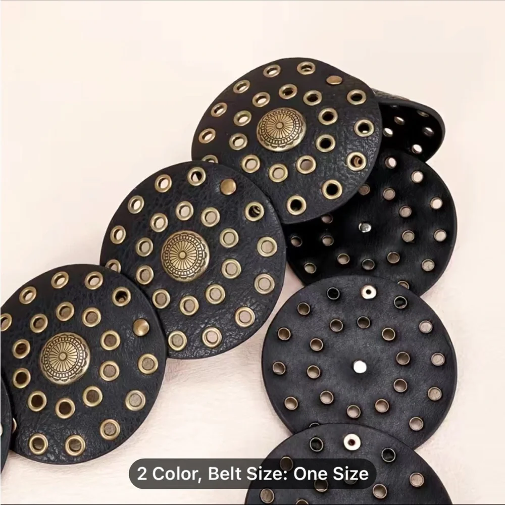 Round Boho Western BELT Medallion Dark Brown or Black Concho Disc PU Leather - Picture 10 of 10